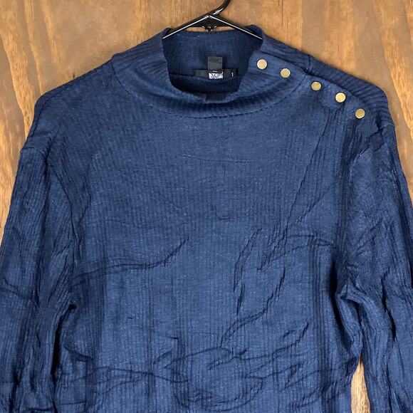 J Crew Womens Sweater Blue Ribbed Mock Neck Button Shoulder Stretch Large - Picture 2 of 12